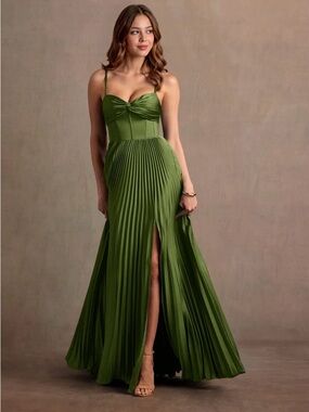Olive Green Pleated Maxi Dress - Sleeveless Spaghetti Strap